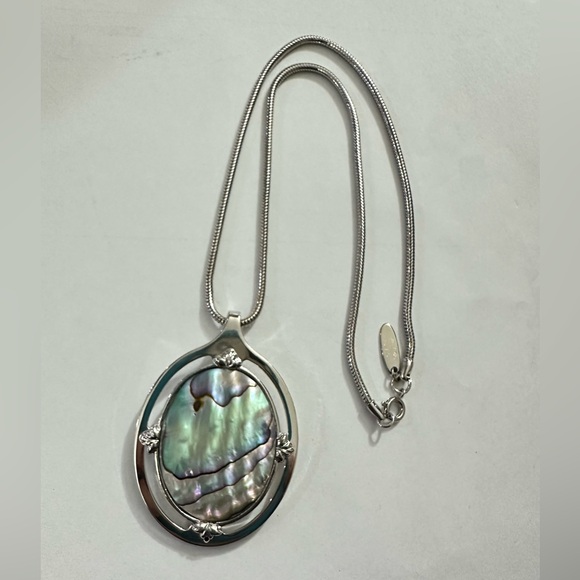 Whiting & Davis Jewelry - Whiting & Davis Silver Necklace with Iridescent Pendant